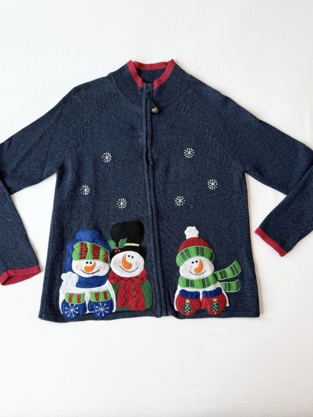 Tiara International Christmas Collection Size M Vintage Snowman Zip Blue Sweater